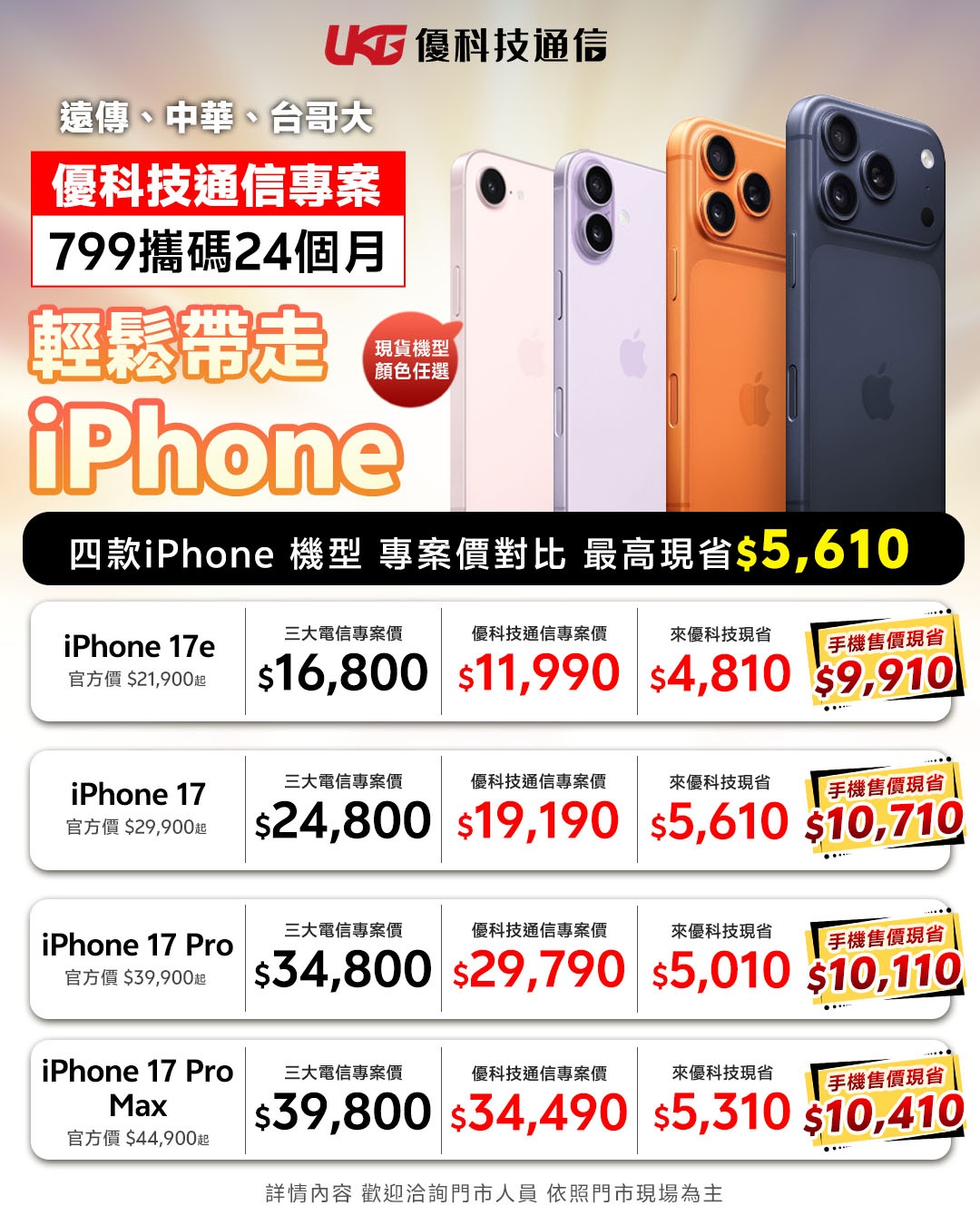 2026年5月UKG優科技通信5G資費優惠對照表