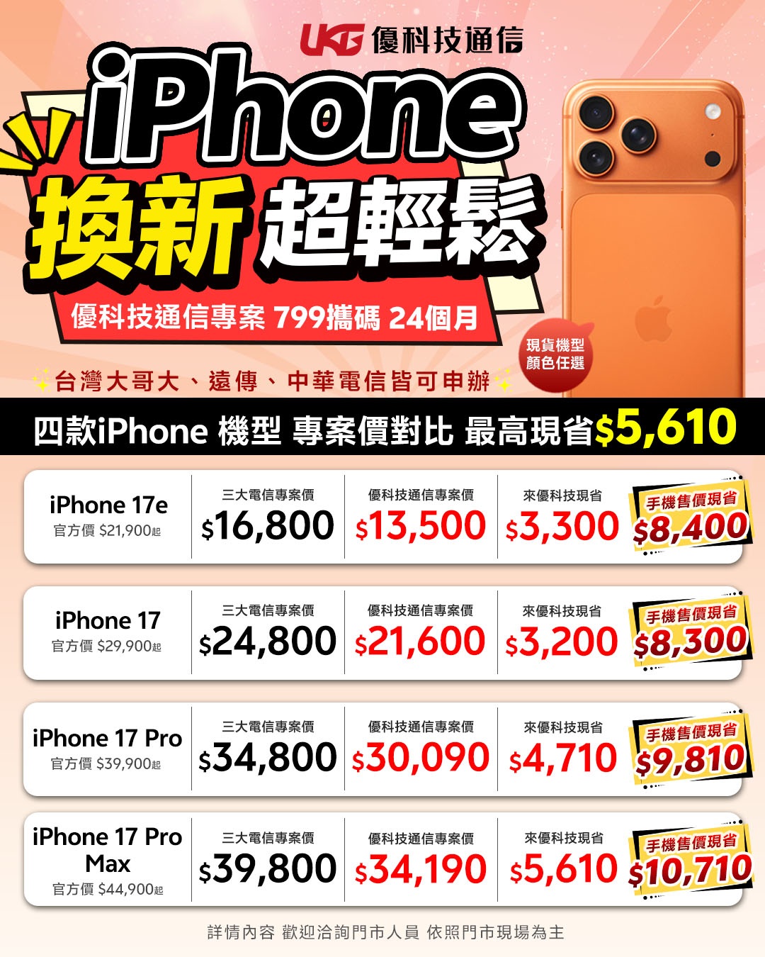 2026年5月UKG優科技通信5G資費優惠對照表