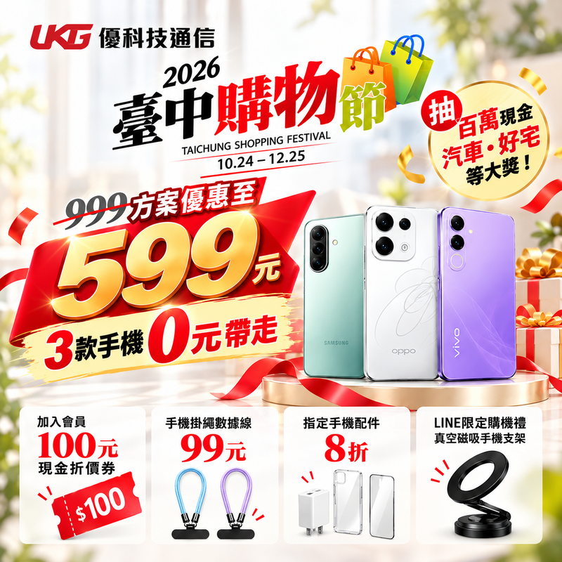 2026台中購物節優惠｜門號資費限時省9600、三星中階手機0元、熱門配件8折｜五倍店家